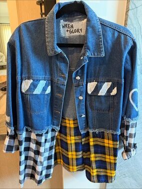 Wren + Glory Blue Denim & Yellow Plaid Mixed-Media Jean Jacket
